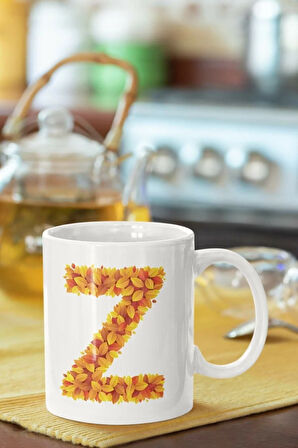 Beyaz Sarı Yapraklı Z Harfi Baskılı Porselen Kupa Bardak