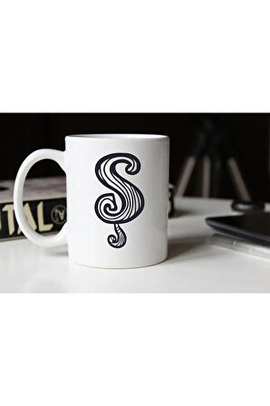 Siyah Beyaz Çizgili Ş Harfli Porselen Kupa Tfsbh-022