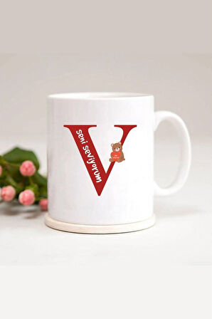 Ayıcıklı V Harfli Baskılı Kupa Bardak