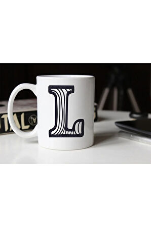 Siyah Beyaz Çizgili L Harfli Porselen Kupa Tfsbh-014