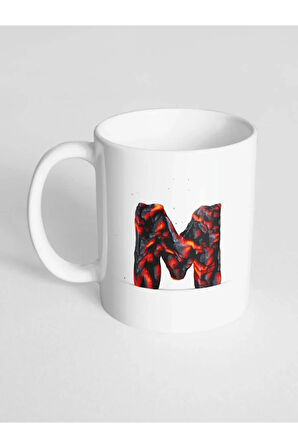 M Harfi Baskılı Kor Alevli Desenli Dekoratif - Baş Harf Baskılı Kupa Bardak