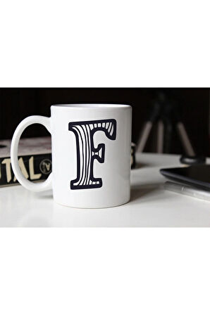 Siyah Beyaz Çizgili F Harfli Porselen Kupa Tfsbh-007