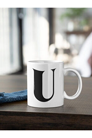 U Harfi Siyah Baskılı Kupa Beyaz Porselen