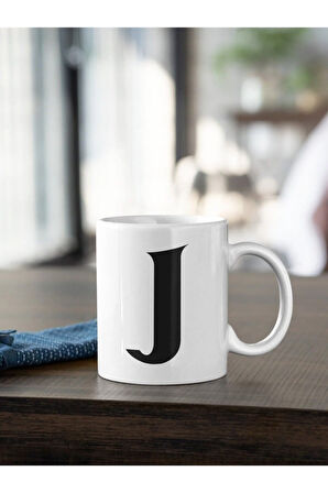 J Harfi Siyah Baskılı Kupa Beyaz Porselen