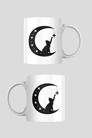 Ay Üzerinde Oturan Kedi Silüeti Temalı Porselen Kupa