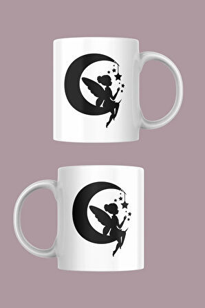 Ay Üzerinde Oturan Peri Silüeti Temalı Porselen Kupa