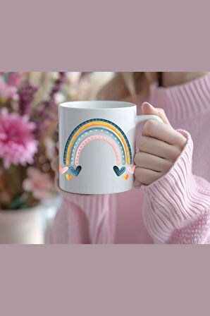 Boho Tarzı Tasarlanmış Gökkuşağı Temalı Porselen Kupa