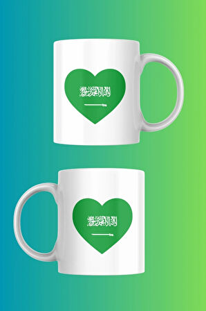 Suudi Arabistan Kalp Şeklinde Bayrak Temalı Porselen Kupa