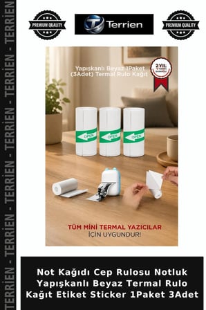 Not Kağıdı Cep Rulosu Notluk Yapışkanlı Beyaz Termal Rulo Kağıt Etiket Sticker 1Paket 3Adet