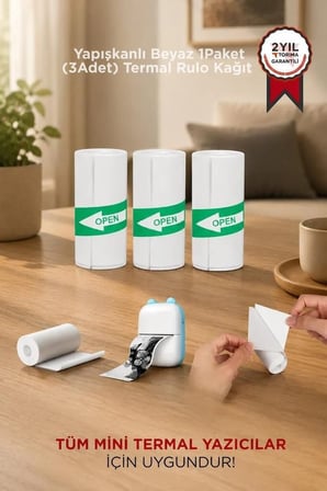 Not Kağıdı Cep Rulosu Notluk Yapışkanlı Beyaz Termal Rulo Kağıt Etiket Sticker 1Paket 3Adet
