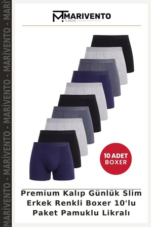 Premium Kalıp Günlük Slim Erkek Renkli Boxer 10'lu Paket Pamuklu Likralı