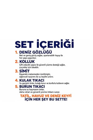Çocuk 5'li Deniz ve Havuz Yüzme Seti Deniz Gözlüğü + Çift Odalı Kolluk + Çocuk Simidi + Kulak Tıkacı + Burun Tıkacı