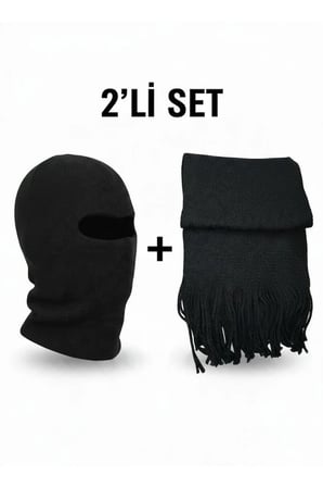 Premium Siyah Kar Maskesi ve Atkı 2'li Set Unisex | Çift Katlı Triko Balaklava & Püsküllü Kışlık Atkı Motorcu Kask İçi Yüz Maskesi
