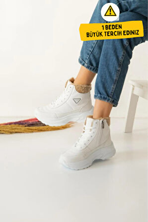 Abra Süper Hafif Ortopedik Yün Astarlı Kadın Spor Bot - Beyaz