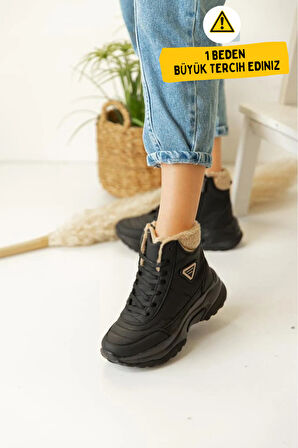 Abra Süper Hafif Ortopedik Yün Astarlı Kadın Spor Bot - Siyah Bej