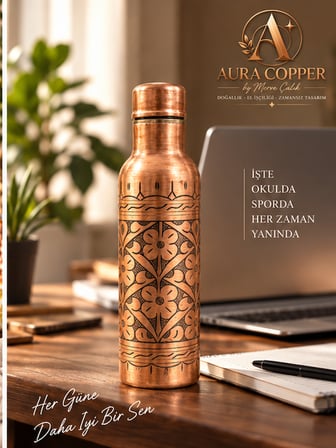 Ağır El İşlemeli Bakır Matara 600 ml – El Yapımı Kapaklı Su Şişesi Suluk 24 cm Ac-00001