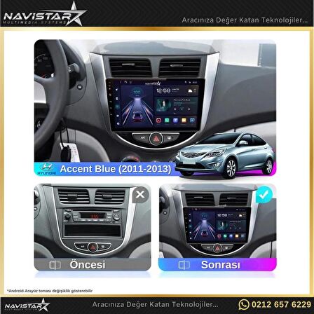 Hyundai  Accent Blue 2011-2013 Model 4GB + 64GB Android 13 Kablosuz Carplay Navigasyon Multimedya Si