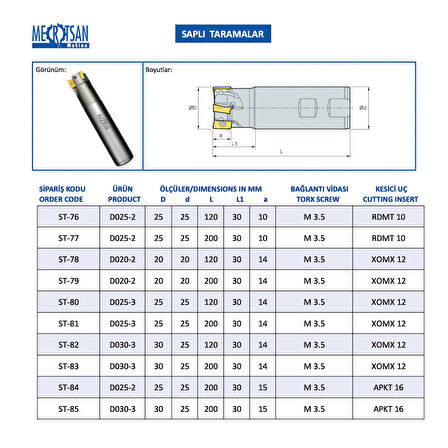 Mertsan Saplı Tarama Freze Kafası D025-2, 25X200 mm Takım Ölçüsü, (2 Adet RDMT 10 Kesici Uç kullanır) - 1 Adet