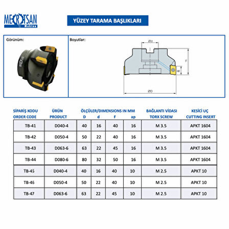 Mertsan Yüzey Tarama Başlığı D080-6 - 80X50 mm Takım Ölçüsü, 6 Adet APKT 1604 Kesici Uç kullanır