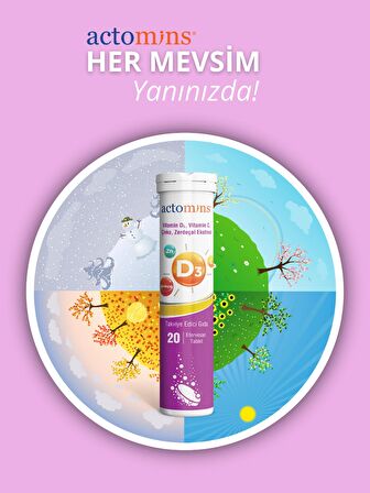 ACTOMINS® Vitamin D3 20 Efervesan Tablet |  Vit D3, Vit C, Çinko, Zerdeçal İçeren Takviye Edici Gıda