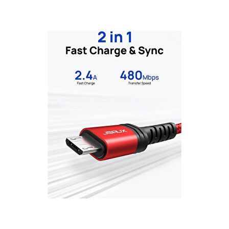 Jsaux Micro USB 2.4A Hızlı Şarj ve Data Kablosu , Android Şarj Cihazı Mikro Usb'den Usb'ye Naylon Örgülü Kablo Samsung Galaxy S6 S7 Edge Note 5, Kindle, Ps4 ve Daha Fazlası ile Uyumlu Kırmızı