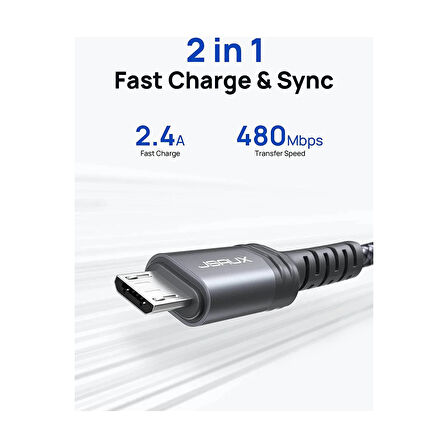 Jsaux Micro USB 2 Metre 2.4A Hızlı Şarj ve Data Kablosu cc0023 Gri 2 Metre