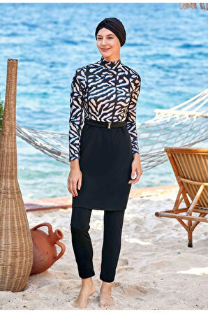 Adasea 4524 Siyah Garnili Tasarım Tam Kapalı Tesettür Mayo