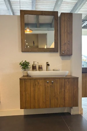 Doğal Ahşap Banyo Dolabı Seti - 90 cm-Su Korumalı Cilalı - Montajlı Gönderim - Çanak Lavabolu