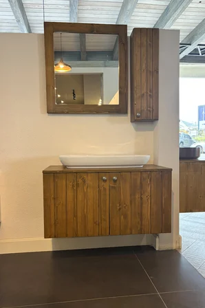 Doğal Ahşap Banyo Dolabı Seti - 90 cm-Su Korumalı Cilalı - Montajlı Gönderim - Çanak Lavabolu