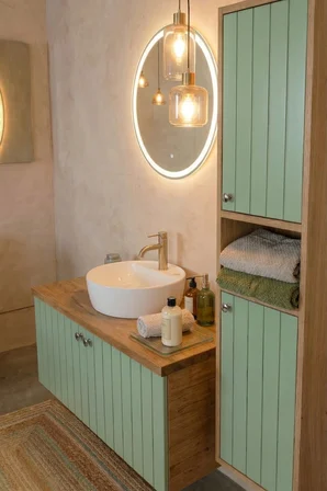 90cm-Led Aynalı Banyo Dolabı Seti - Boy Dolaplı-Lavabolu-Doğal Ahşap & 4 Kat Cilalı Lake (MONTAJLI)