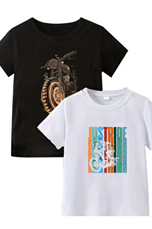 2li Kaliteli Pamuk Penye Unisex Kadın Erkek Motospor Baskılı Tshirt Siyah Beyaz Motorcycle Tişört