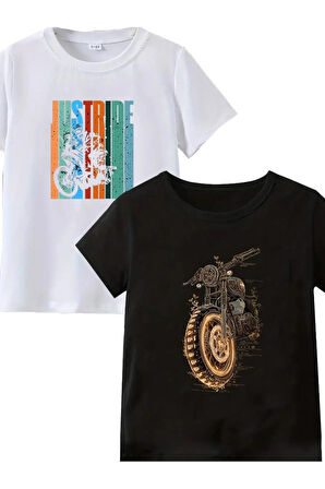 2li Kaliteli Pamuk Penye Unisex Kadın Erkek Motospor Baskılı Tshirt Siyah Beyaz Motorcycle Tişört