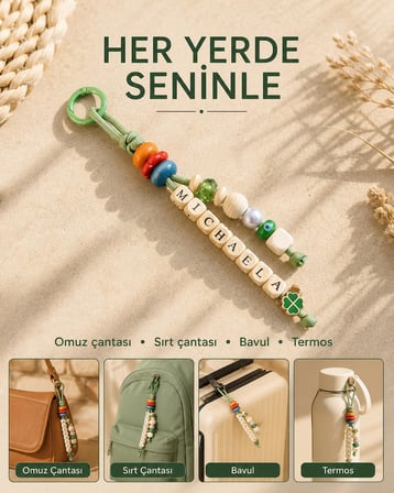Kişiye Özel İsimli Çanta Süsü – Şans Yoncalı, Renkli Boncuklu Yeşil Bag Charm ve Anahtarlık