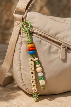 Kişiye Özel İsimli Çanta Süsü – Şans Yoncalı, Renkli Boncuklu Yeşil Bag Charm ve Anahtarlık
