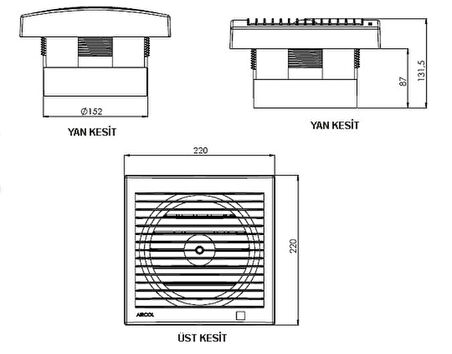 Aircol 150lik Panjurlu Tuvalet, Wc ve Banyo Fanı / Aspiratörü 300 m³/h - Aircol 150 MP