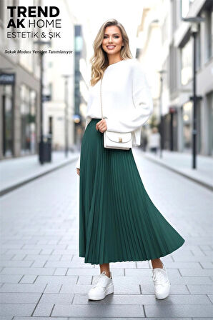 BELİ LASTİKLİ PİLİSELİ ETEK - RENK KOYU YEŞİL ( STANDART BEDEN )