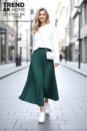 BELİ LASTİKLİ PİLİSELİ ETEK - RENK KOYU YEŞİL ( STANDART BEDEN )