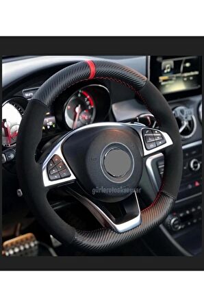 Audi A3 Uyumlu Dikmeli Direksiyon Kılıfı Alkantara Karbon Kırmızı Yüzüklü