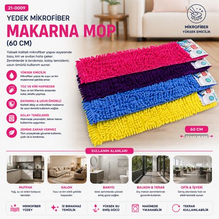 60CM.YEDEK Mikrofiber Renkli Makarna Mop
