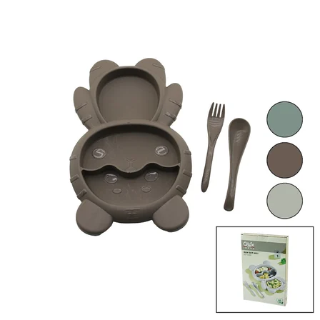 Ayıcık MODEL=3 Bölmeli Bebek Beslenme Seti 3PCS=MAMA Kabı-kaşık-çatal 500ML Renkli Plst