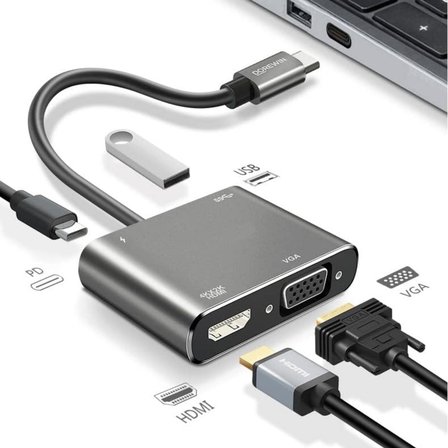 4’ü 1 Arada Type-C to Hub Dönüştürücü Adaptör – 4K Ultra HD HDMI &amp; VGA Görüntü Aktarımı, PD Hızl