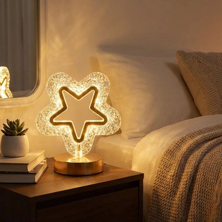 İçi Boş Yıldız Şeklinde Kristal LED Masa Lambası – Dokunmatik, 3 Renk Işık Modlu, Şarjlı Mini Dekora