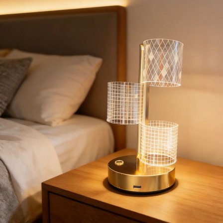 3 Parça Silindirik Kristal Ekose Kareli LED Masa Lambası – Gold Gövdeli, Dokunmatik, 3 Kademe Işık A
