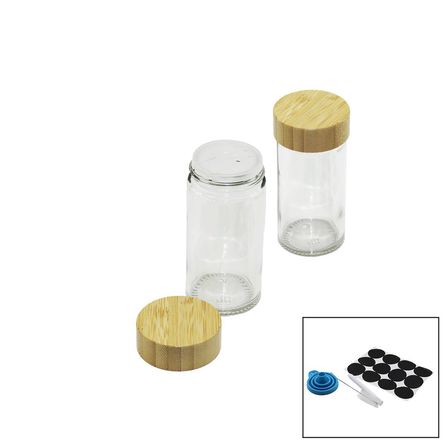 12 Pcs Takım Yuvarlak Cam Baharatlık - Tuzluk Bambu Kapaklı