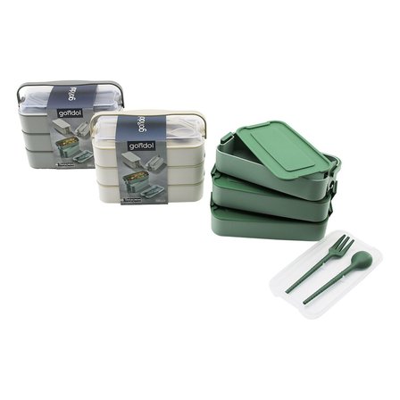 Beslenme Kutusu 3 Katlı X 420ML - Çatal - Kaşık - Tekli Taşıma Kulp Renkli Plastik
