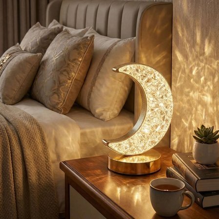 Hilal AY Model Kristal LED Masa Lambası – Dokunmatik, 3 Renk Işık Modlu, Şarjlı Mini Dekoratif Gece 