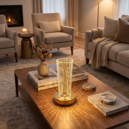 Silindirik Kristal Nokta Model LED Masa Lambası – Gold Tabanlı, Dokunmatik, 3 Renk Işık Modlu, Şarjl