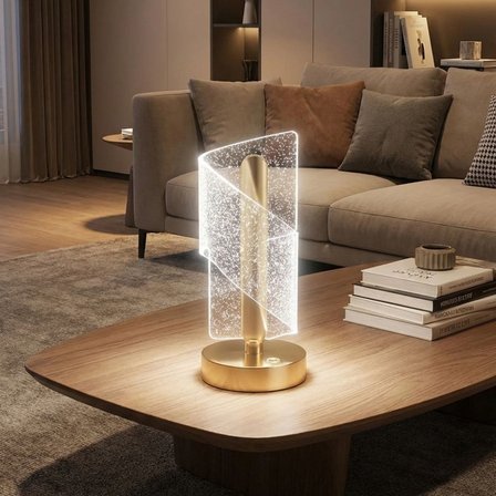 Çapraz Kavisli Kristal Simli LED Masa Lambası – Gold Gövdeli, Dokunmatik, 3 Kademe Işık Ayarlı Şarjl