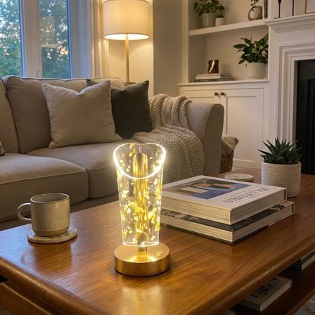 Açık Silindirik Kristal Altın Toz Model LED Masa Lambası – Gold Tabanlı, Dokunmatik, 3 Renk Işık Mod