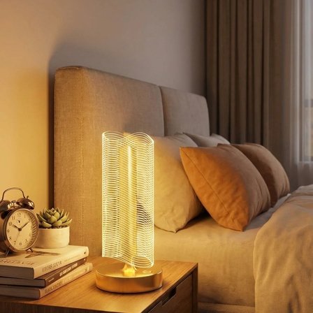 Dalgalı Silindirik Kristal Çizgili Model LED Masa Lambası – Gold Tabanlı, Dokunmatik, 3 Renk Işık Mo